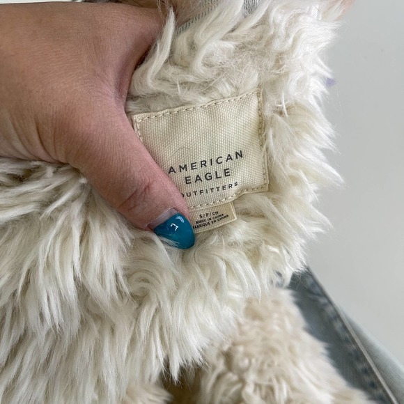 American Eagle (S) Womens Plush Sherpa Lined Denim Jacket Trucker Cotton Blue - Picture 8 of 11